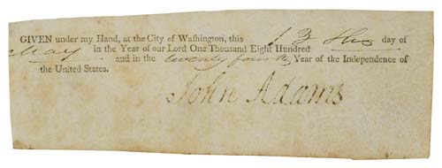 Appraisal: SIGNER ADAMS JOHN Clipped Signature as President from a partly-printed