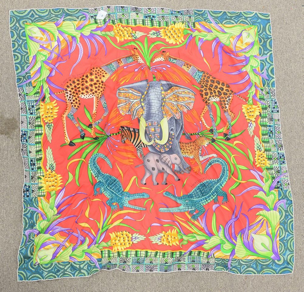 Appraisal: Hermes silk scarf La Marche Du Zambeze having animal print