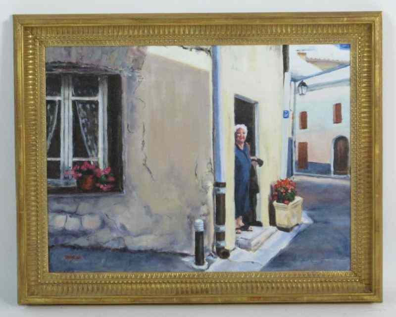 Appraisal: Greek Isles Street Scene with Figure th c oil on