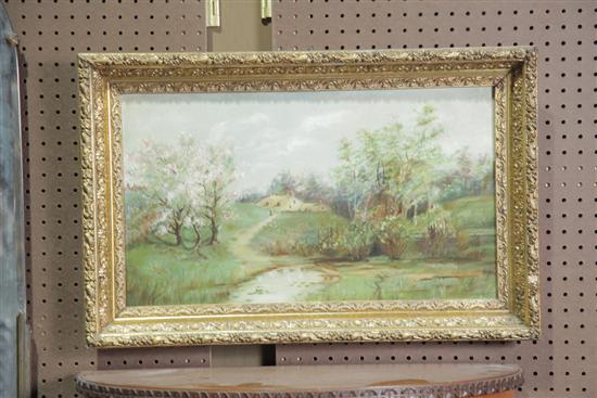 Appraisal: FRAMED LANDSCAPE WITH DOGWOOD POND AND COTTAGE Signed ''LMT'' Attributed