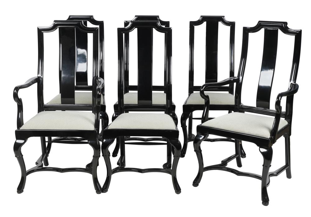 Appraisal: SIX CONTEMPORARY BLACK LACQUERED DINING CHAIRSwith upholstered seat cushions Condition