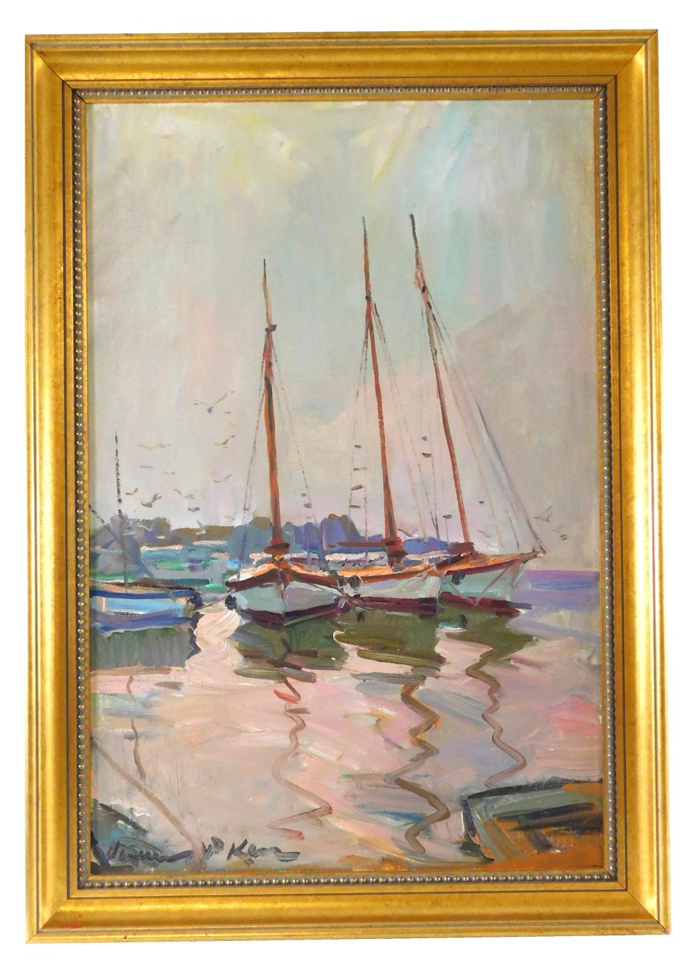 Appraisal: th st C oil on canvas Sailboats at dock pink