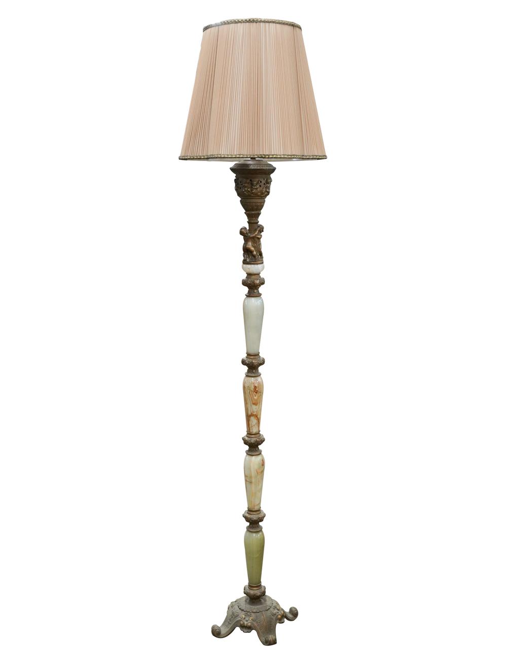 Appraisal: ONYX BRASS FLOOR LAMPthe pleated shade over two sockets the