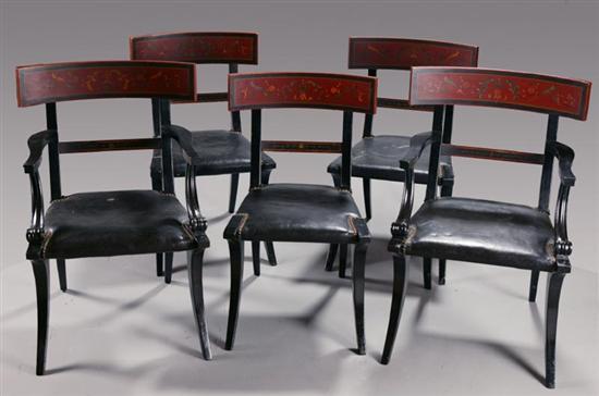 Appraisal: FIVE DECORATED CLASSICAL-STYLE CHAIRS Possibly American early th century mixed