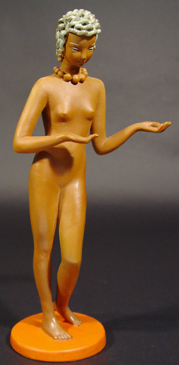 Appraisal: Goldscheider terracotta nude figurine with green glazed hair on a