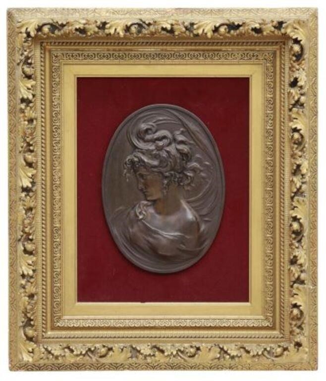 Appraisal: Framed Art Nouveau cast iron bas-relief plaque Woman in Profile