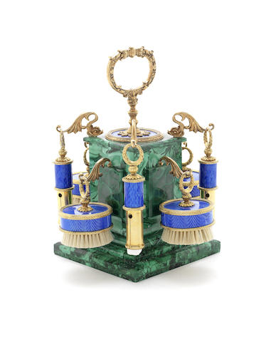 Appraisal: A malachite gilt and enamel mounted brush and chalk stand