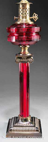 Appraisal: A Baccarat-Style Cranberry Glass and Gilt Brass Lamp th c