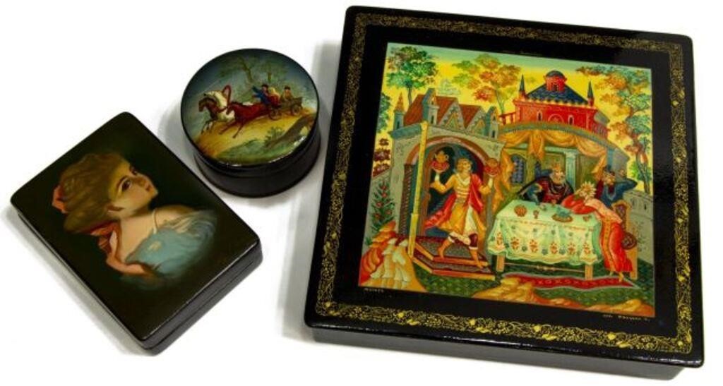 Appraisal: lot of Russian lacquered boxes including square box hinged lid