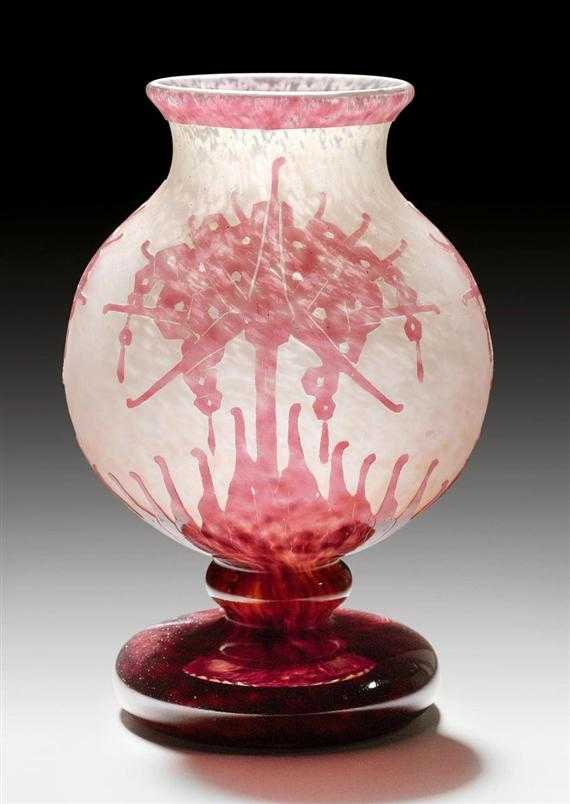 Appraisal: SCHNEIDER RHODODENDRONS VASE circa Acid-etched white glass with violet overlay