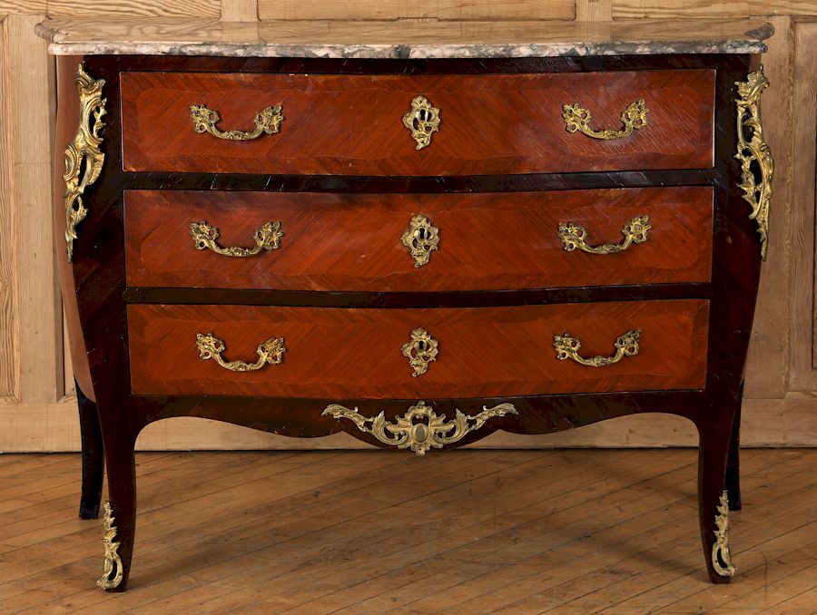 Appraisal: LOUIS XV STYLE MAHOGANY MARBLE TOP COMMODE C A Louis