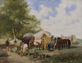 Appraisal: QUAGLIO Franz Oil on Panel Military Encampment Signed and dated