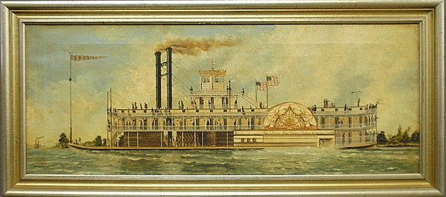 Appraisal: - Oil on canvas painting of a paddlewheel steamer New