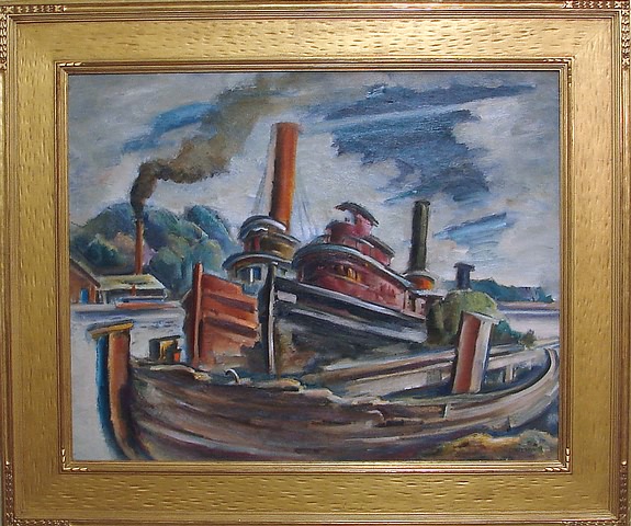 Appraisal: Darelicks tug boats at dock oil on canvas x SLR