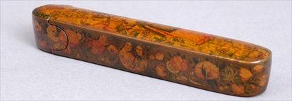 Appraisal: PERSIAN LACQUER PEN BOX WITH EUROPEAN SUBJECTS The sliding case