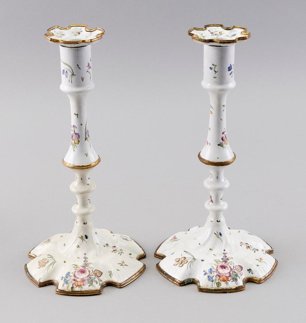 Appraisal: PAIR OF BILSTON ENAMEL QUEEN ANNE CANDLESTICKS CIRCA HEIGHTS PAIR