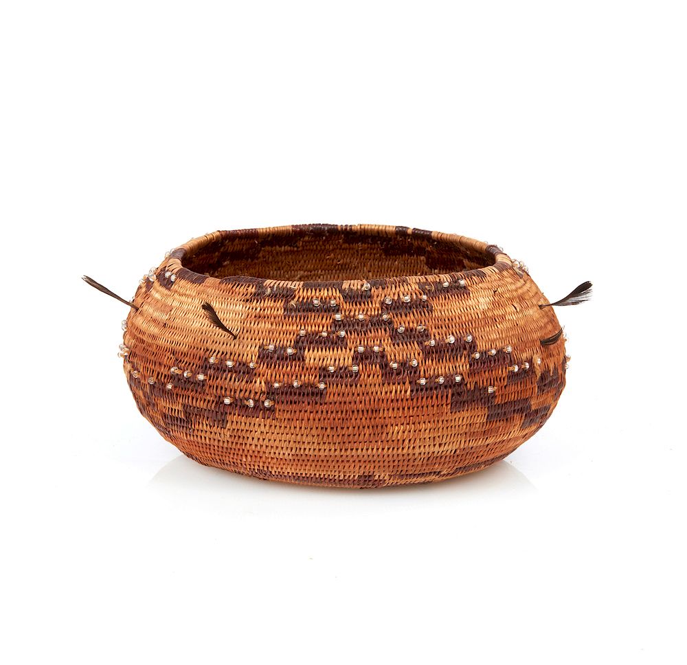 Appraisal: Pomo Basket Pomo Indian basket decorated with rectangles accented by