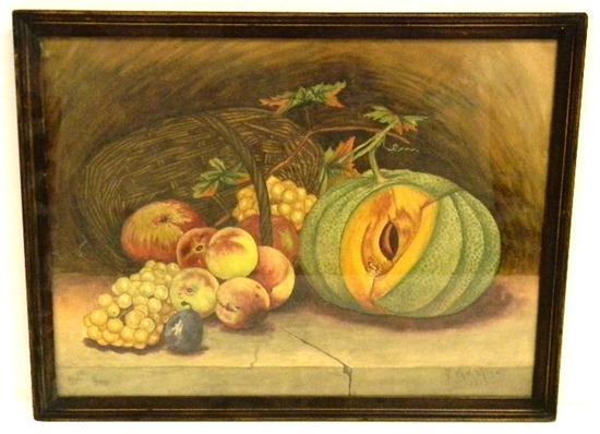 Appraisal: D Van Valen watercolor still-life of fruit spilling out of