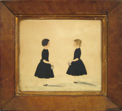 Appraisal: New England watercolor and pencil portrait of two young girls