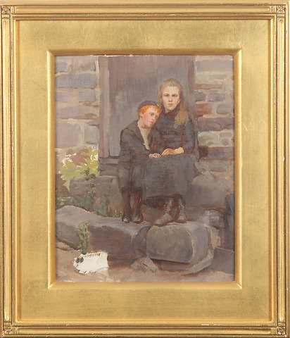 Appraisal: Boy and girl on step oil on canvas x Kennedy