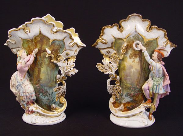 Appraisal: PAIR FIGURAL OLD PARIS FRENCH PORCELAIN VASES Typical Old Paris