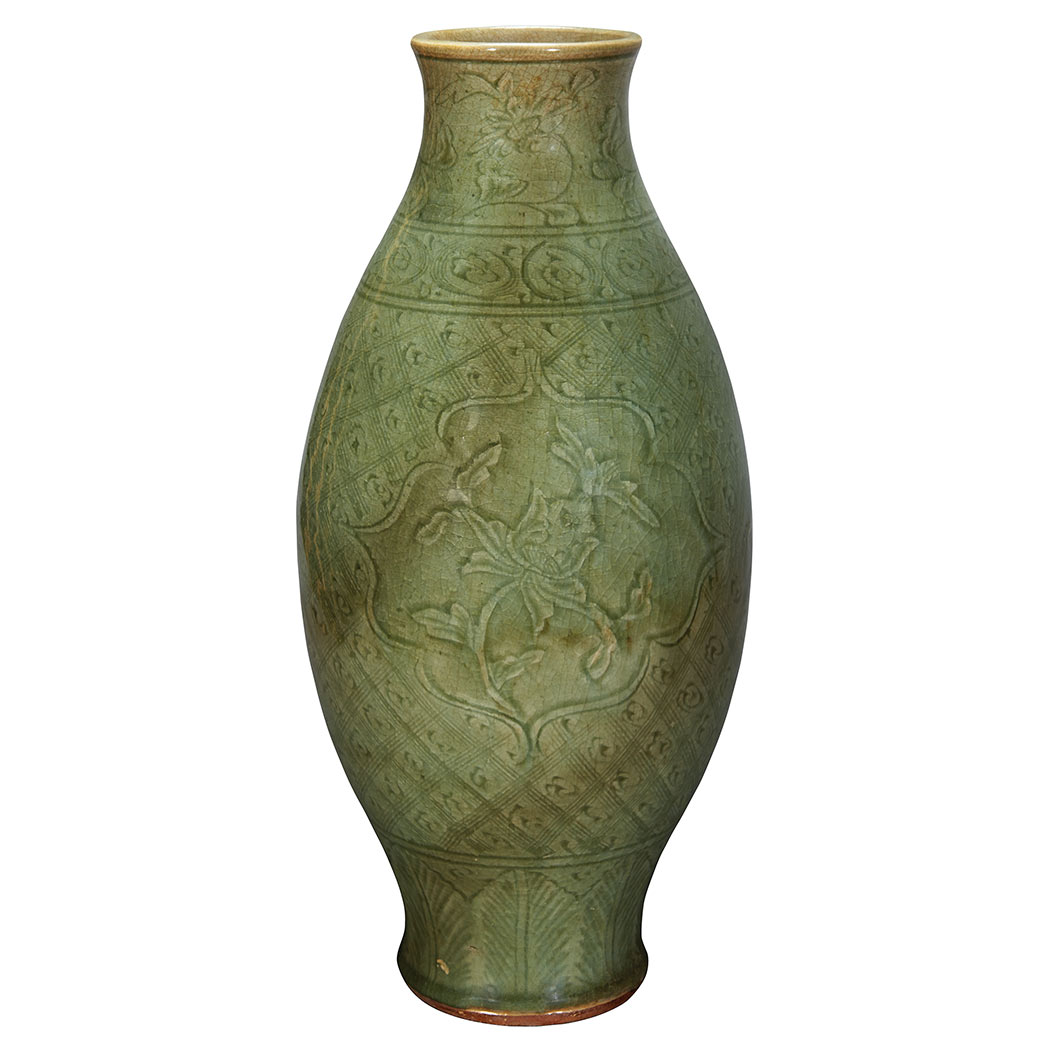 Appraisal: Chinese Celadon Glazed Vase Ming Dynasty Of elongated ovoid form