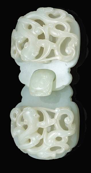 Appraisal: A white jade two-section belt buckle th Century Each section