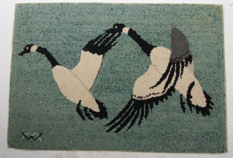 Appraisal: FIGURAL HOOKED RUG Free-hand 'Canada Geese' depicting a pair in