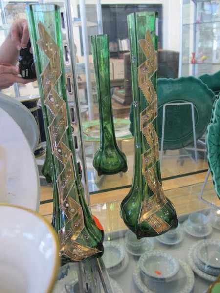 Appraisal: PAIR FRENCH ART NOUVEAU GILT AND ENAMELLED GREEN GLASS VASES