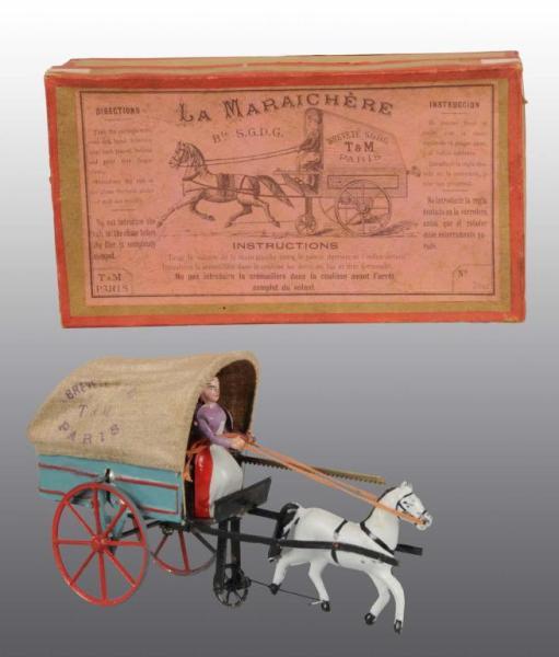 Appraisal: Tin Hand-Painted Horse-Drawn Cart Flywheel Toy Description French Made by