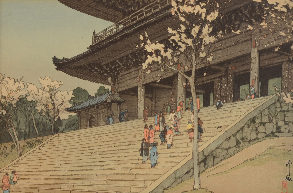 Appraisal: HIROSHI YOSHIDA WOODBLOCK Outside the Shrine sight size '' x