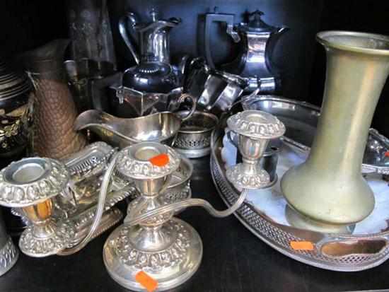 Appraisal: SHELF OF ASSORTED SILVER PLATE INCL HOLLOW WARE TRAYS BRASS