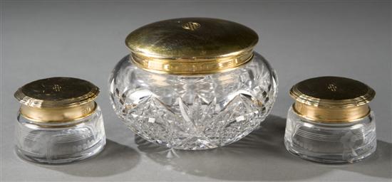 Appraisal: Group of three glass dresser jars with k gold lids