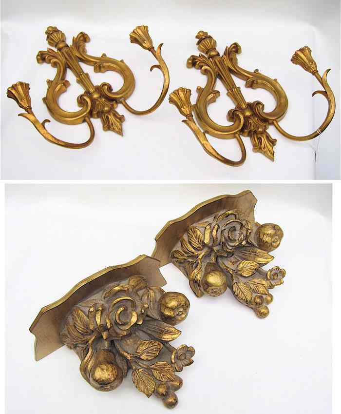 Appraisal: PAIR GILT WOOD CANDLE SCONCES PAIR WALL SHELVES pieces The