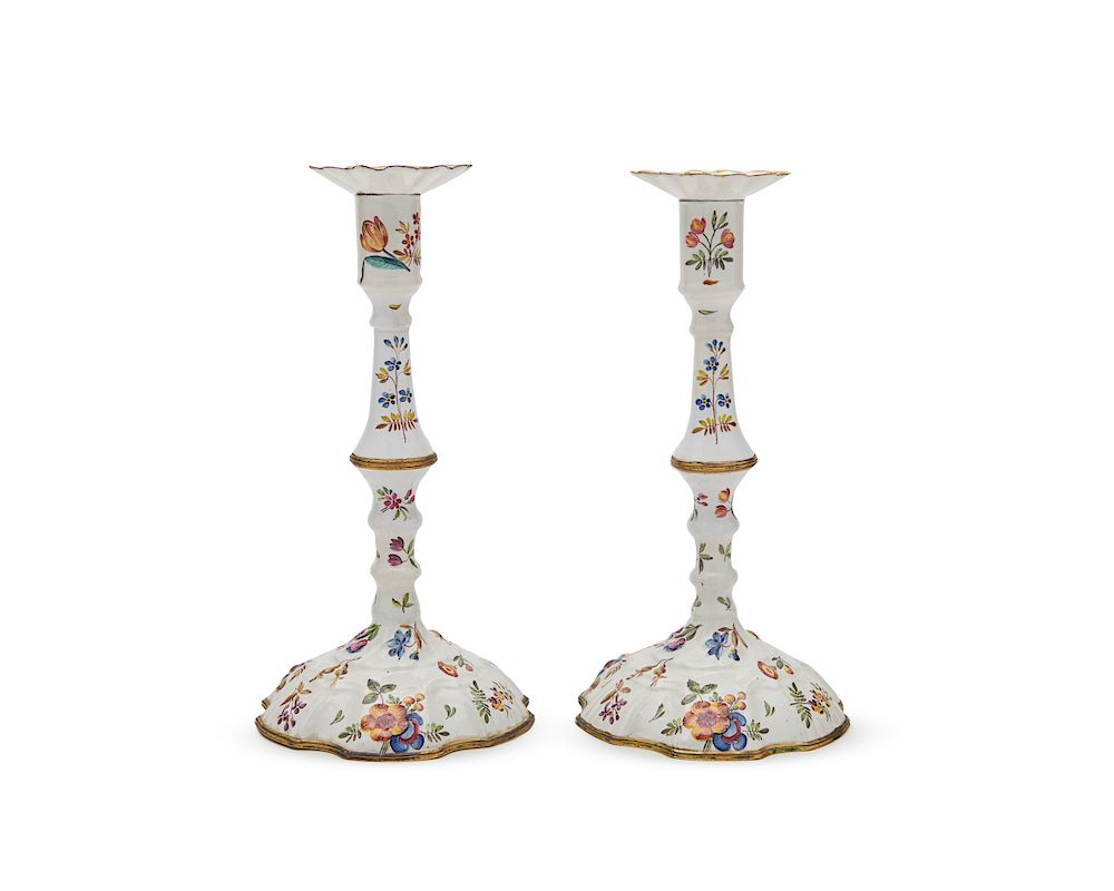 Appraisal: Pair of Bilston Enamel Candlesticks Pair of Bilston Enamel Candlesticks