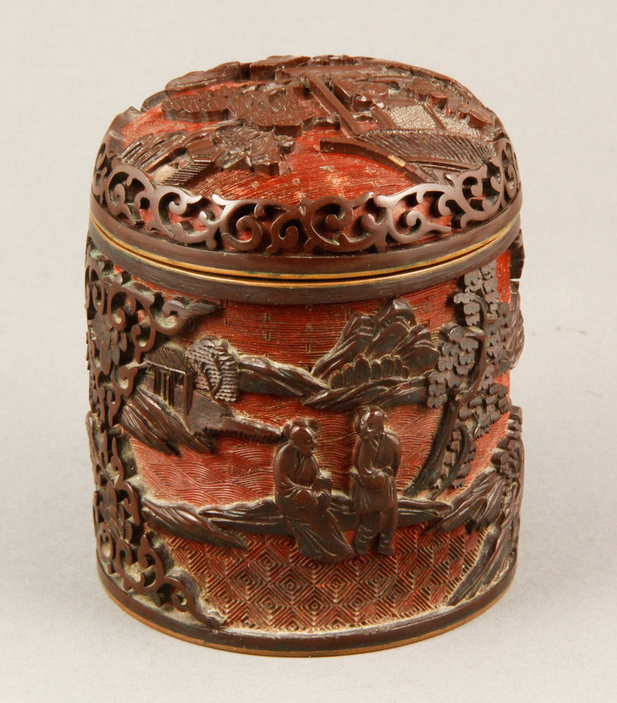 Appraisal: - Chinese Copper Covered Jar Covered jar China paint on