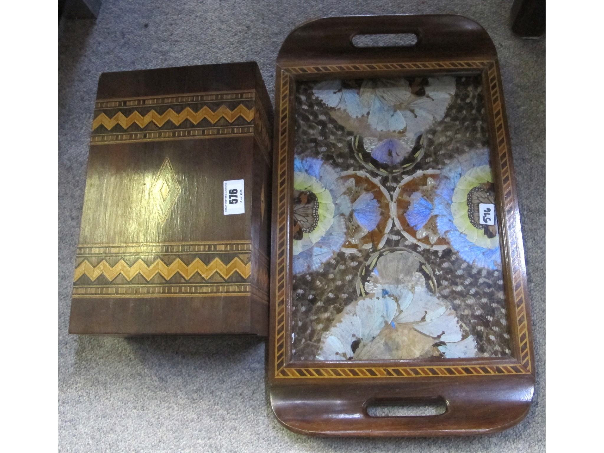 Appraisal: Butterfly wing tray and an inlaid box