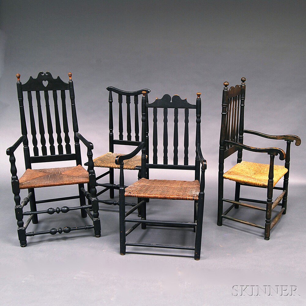 Appraisal: Four Black-painted Banister-back Chairs New England th century one side