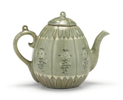 Appraisal: Korean inlaid celadon teapot Of melon form with organic motif