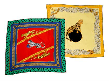 Appraisal: Two Cartier Jeweled Panther silk scarves One in primary colors