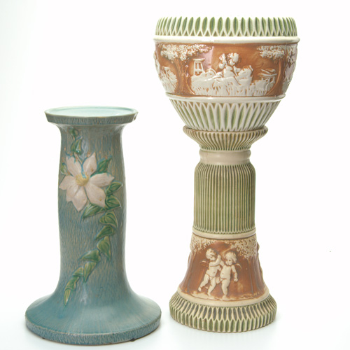 Appraisal: ROSEVILLE Three pieces a small Donatello jardiniere and pedestal set