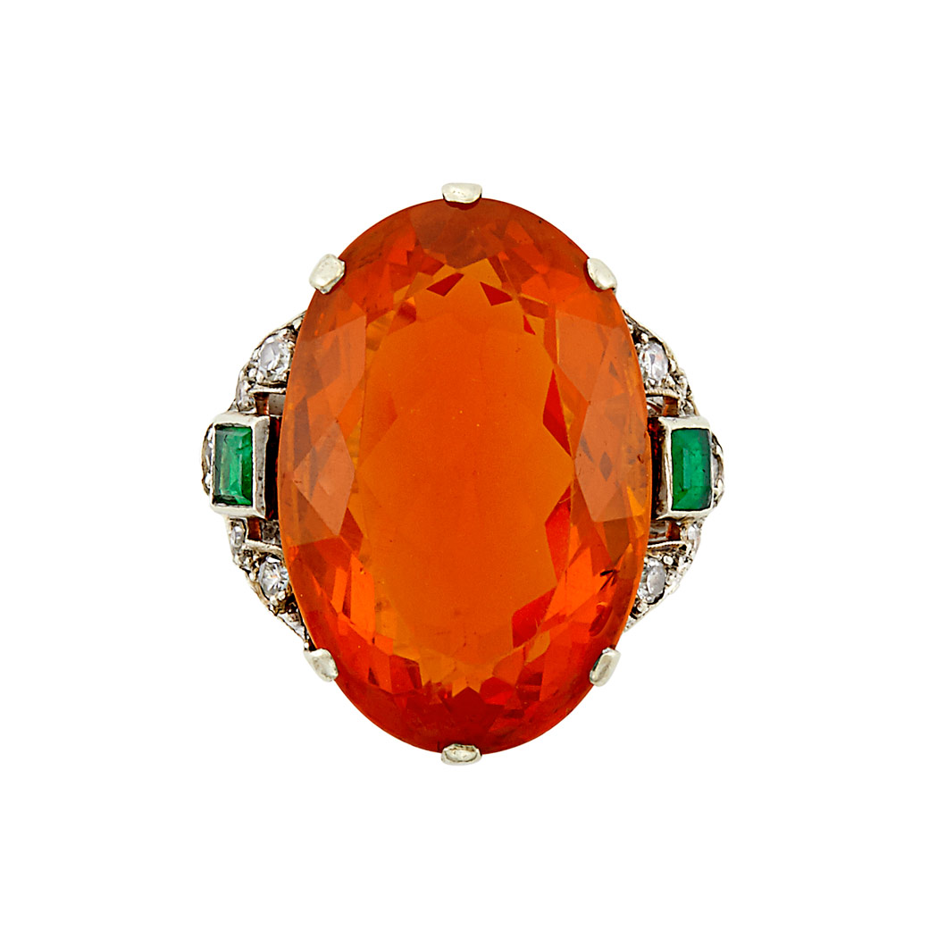 Appraisal: Palladium Fire Opal Emerald and Diamond Ring One oval fire