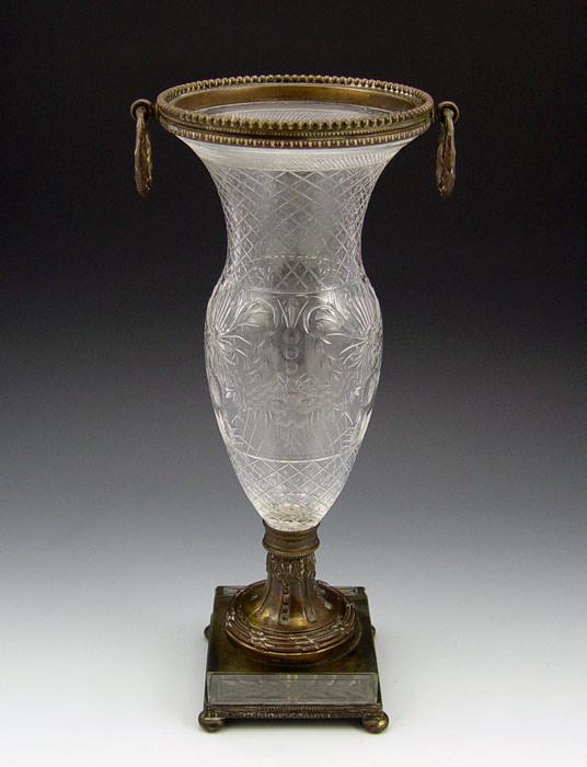 Appraisal: PAIRPOINT ENGRAVED GLASS METAL MOUNTED VASE All over cut crystal