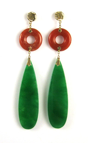 Appraisal: PAIR OF JADE DROP EARRINGS WITH FOURTEEN KARAT GOLD MOUNTS