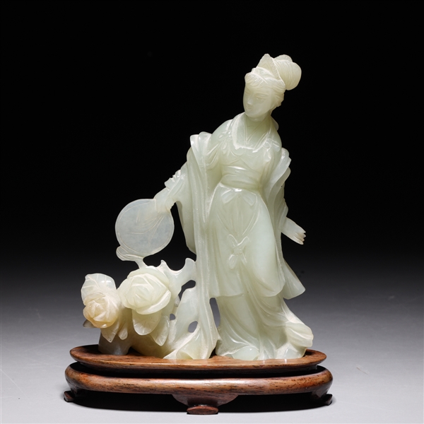 Appraisal: Chinese carved celadon jade standing figure of a beauty holding