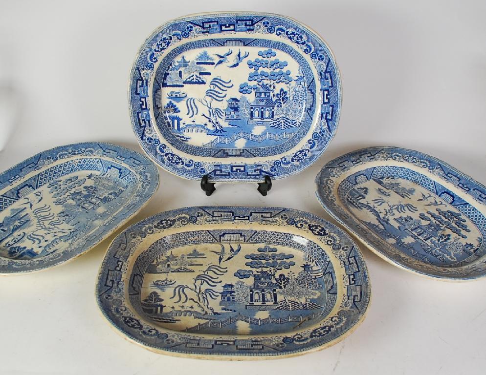 Appraisal: FOUR TH CENTURY WILLOW PATTERN BLUE AND WHITE POTTERY MEAT