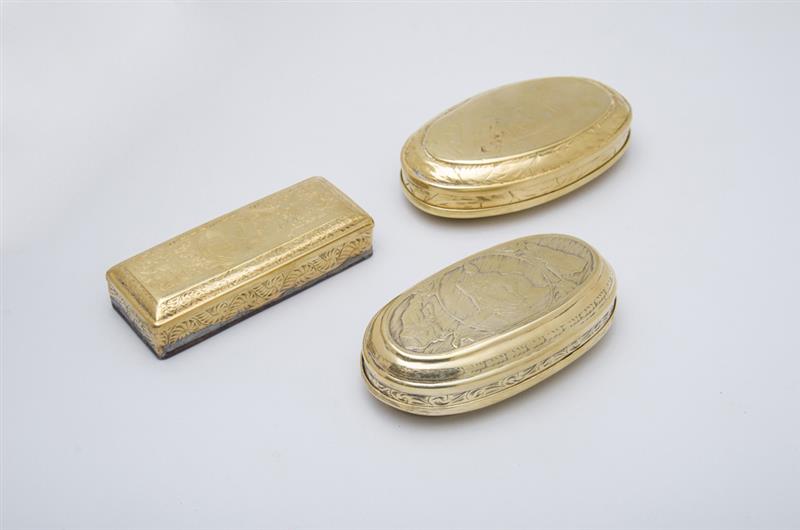 Appraisal: GROUP OF THREE DUTCH ENGRAVED BRASS TOBACCO BOXES Two of