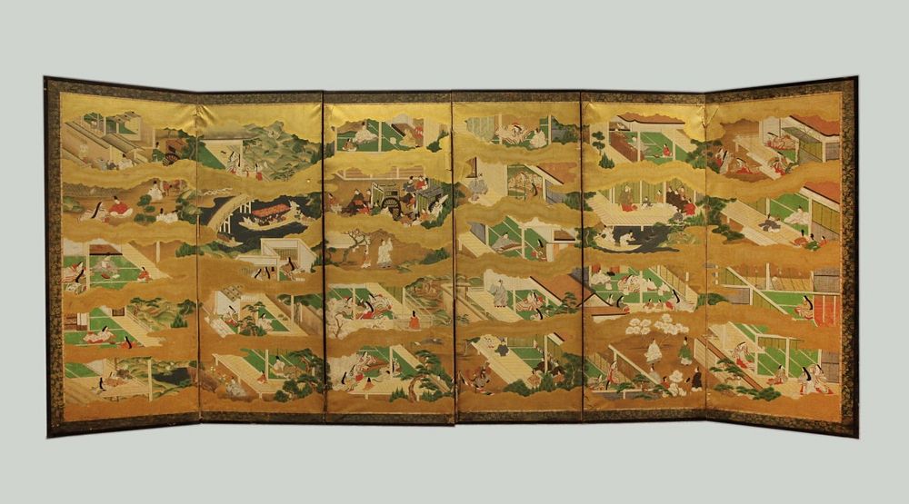 Appraisal: Japanese six panel screen possibly th c various figural scenes