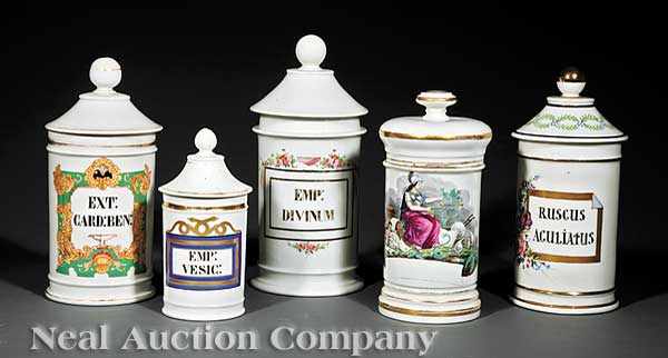 Appraisal: Five Antique Polychrome and Gilt Porcelain Apothecary Jars two stamped