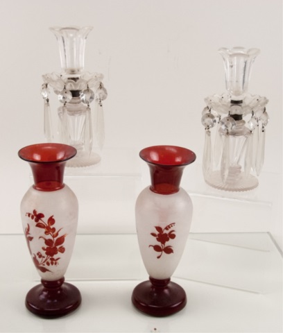 Appraisal: Pair of Ruby Vases and Pair of Clear Glass Lusters